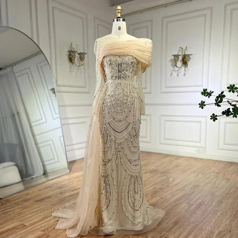 Nude Crystal Mermaid Evening Dress with Overskirt LA72348