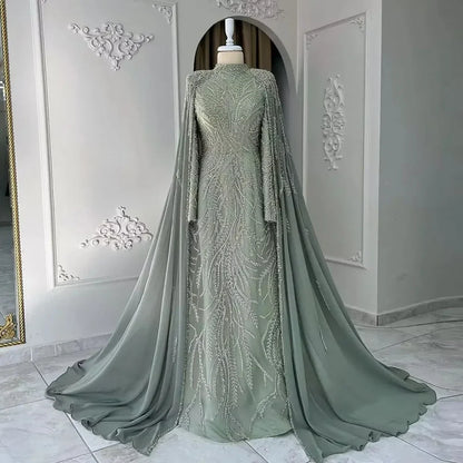 Luxury Dubai  muslim Sage Green Mermaid Cape Sleeves Beaded Satin Luxury Evening Dresses Gowns LA72413
