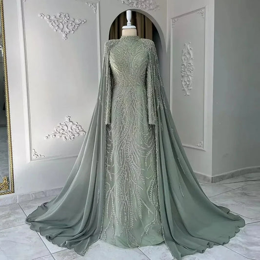 Luxury Dubai  muslim Sage Green Mermaid Cape Sleeves Beaded Satin Luxury Evening Dresses Gowns LA72413