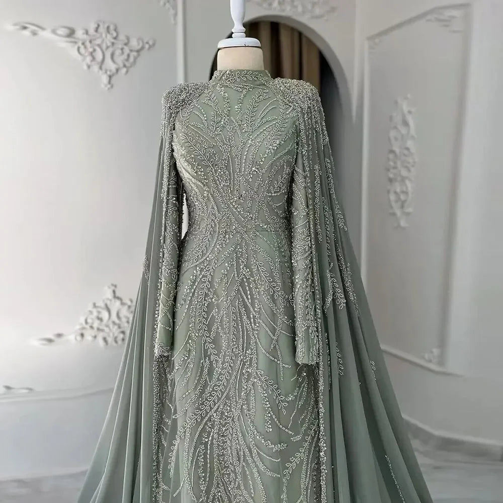Luxury Dubai  muslim Sage Green Mermaid Cape Sleeves Beaded Satin Luxury Evening Dresses Gowns LA72413