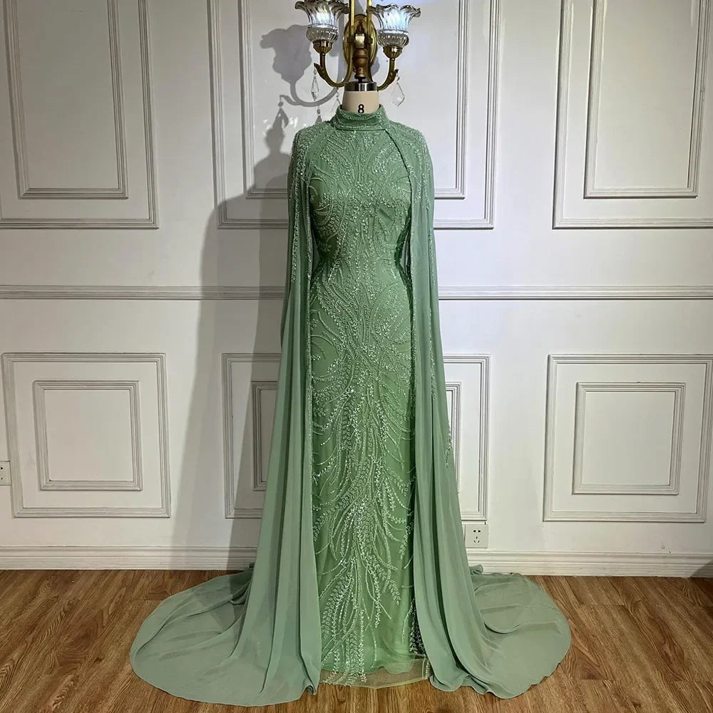 Luxury Dubai  muslim Sage Green Mermaid Cape Sleeves Beaded Satin Luxury Evening Dresses Gowns LA72413