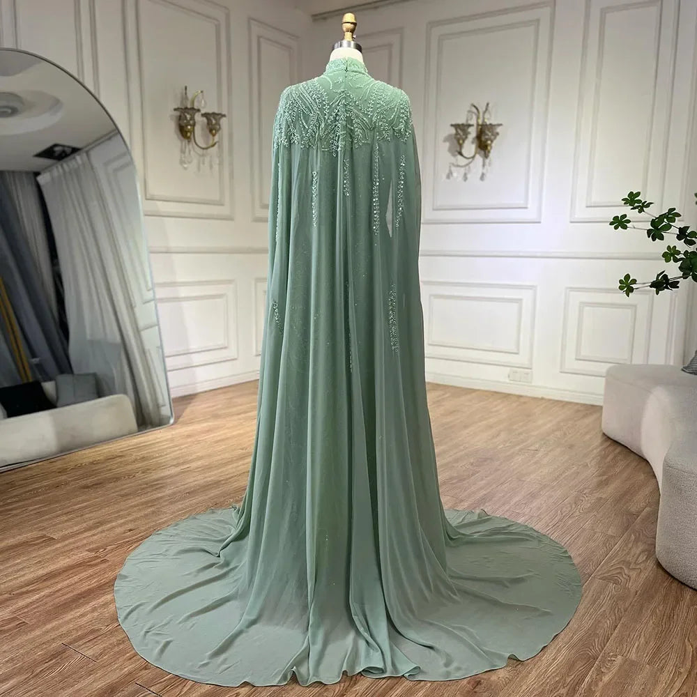 Luxury Dubai  muslim Sage Green Mermaid Cape Sleeves Beaded Satin Luxury Evening Dresses Gowns LA72413