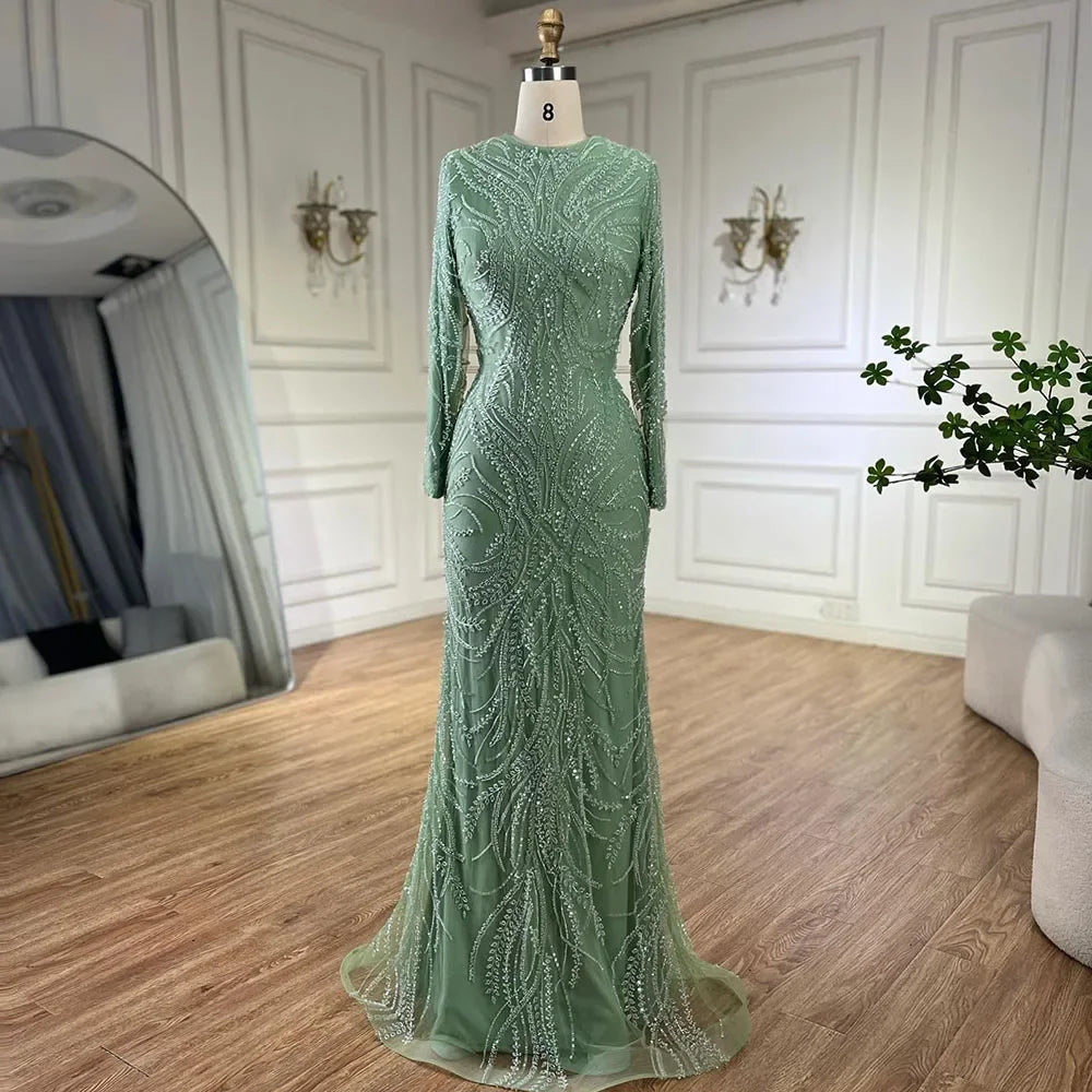 Luxury Dubai  muslim Sage Green Mermaid Cape Sleeves Beaded Satin Luxury Evening Dresses Gowns LA72413