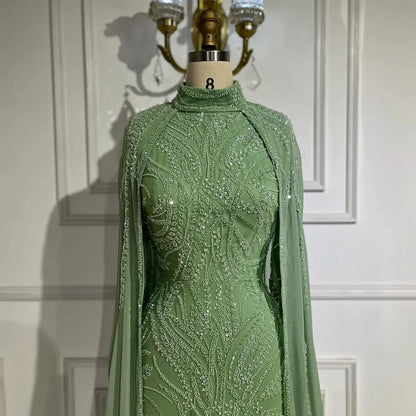 Luxury Dubai  muslim Sage Green Mermaid Cape Sleeves Beaded Satin Luxury Evening Dresses Gowns LA72413