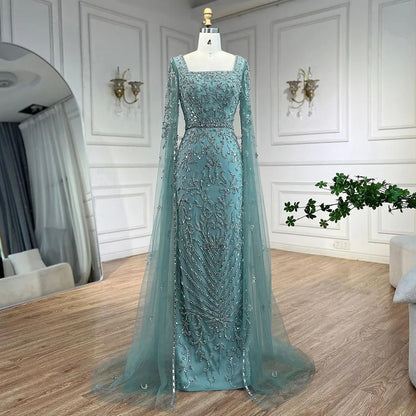 Luxury Turquoise Evening Dress With Cape Sleeves Square Neck LA72400