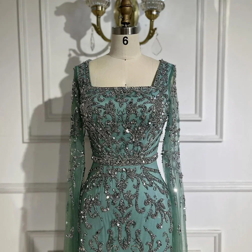 Luxury Turquoise Evening Dress With Cape Sleeves Square Neck LA72400