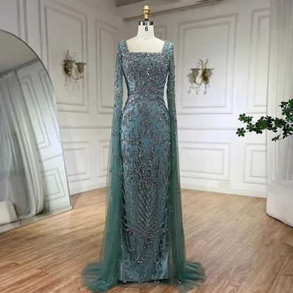 Luxury Turquoise Evening Dress With Cape Sleeves Square Neck LA72400