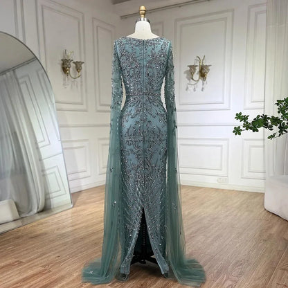 Luxury Turquoise Evening Dress With Cape Sleeves Square Neck LA72400
