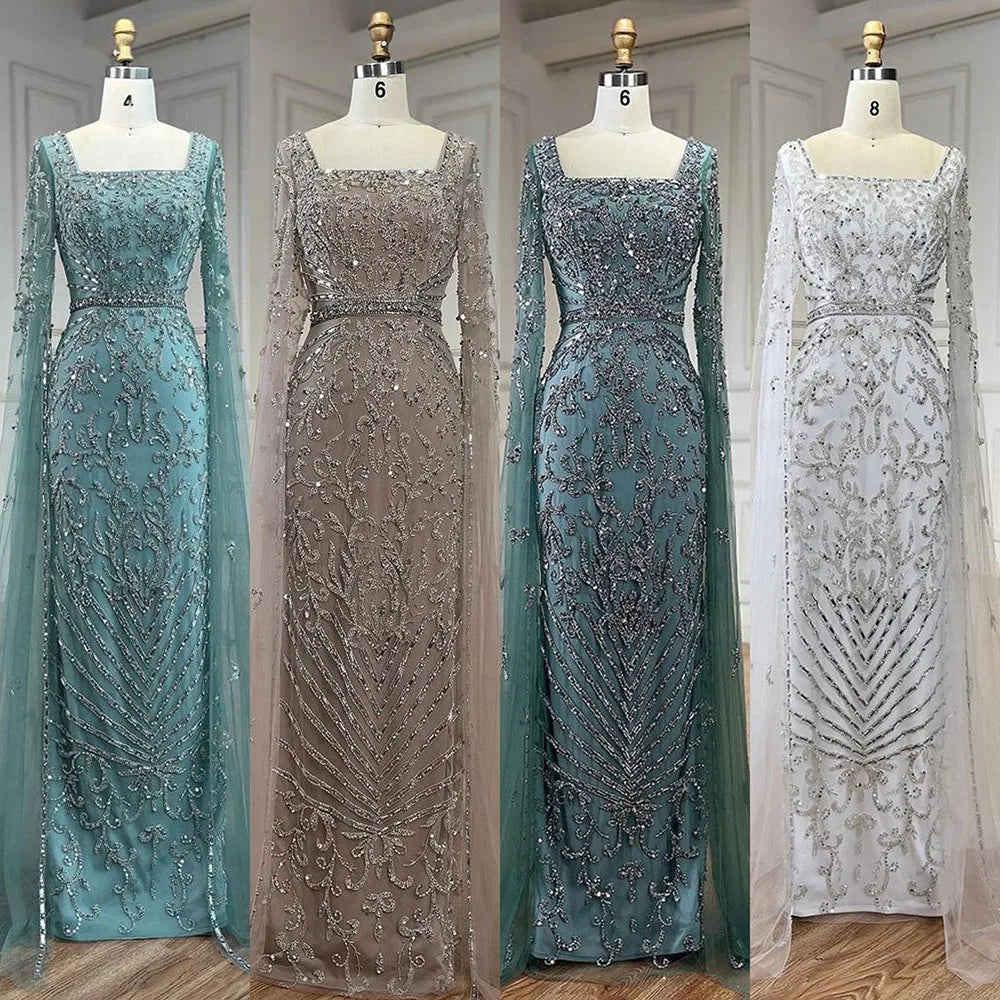 Luxury Turquoise Evening Dress With Cape Sleeves Square Neck LA72400