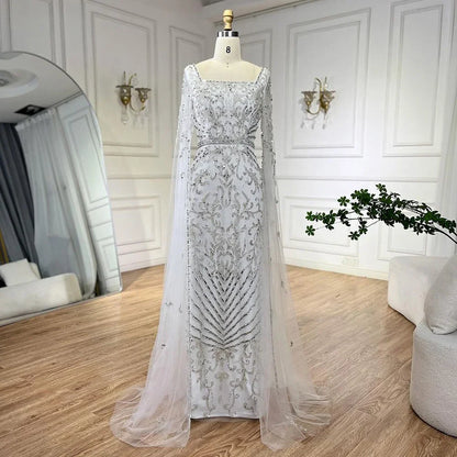 Luxury Turquoise Evening Dress With Cape Sleeves Square Neck LA72400