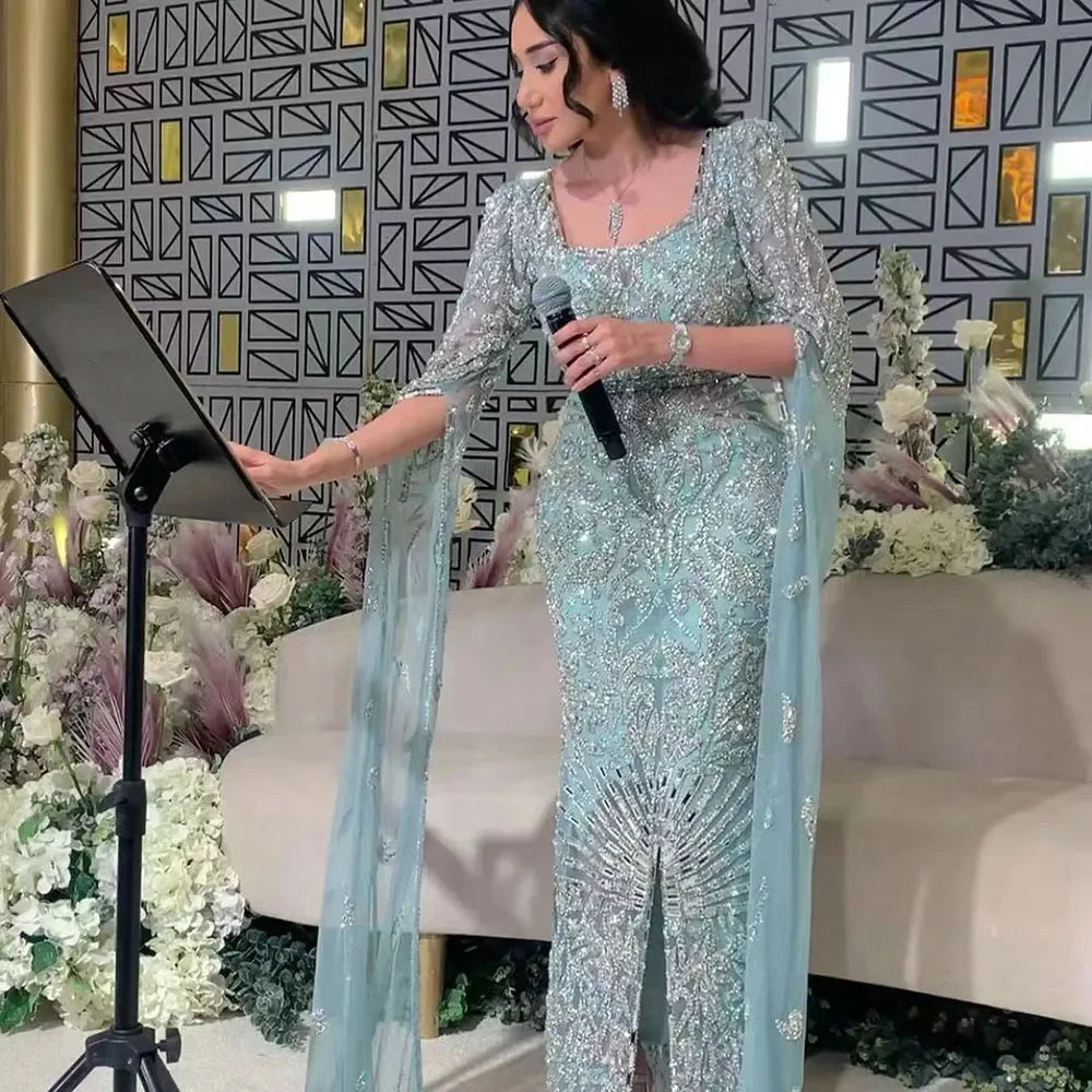 Luxury Turquoise Evening Dress With Cape Sleeves Square Neck LA72400