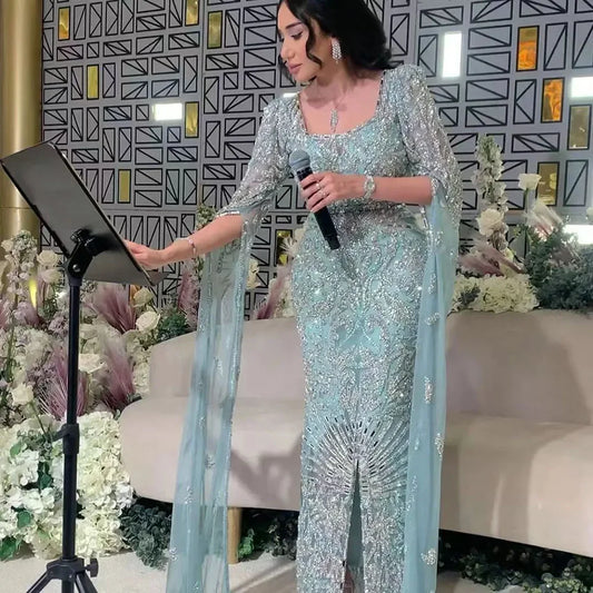 Luxury Turquoise Evening Dress With Cape Sleeves Square Neck LA72400