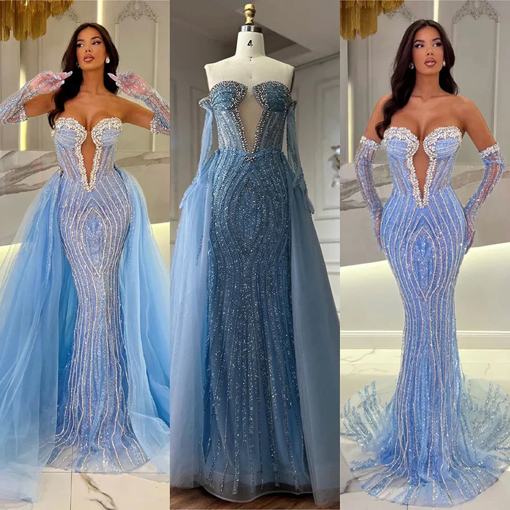 Luxury Blue Mermaid Evening Dress with Gloves and Overskirt LA72582