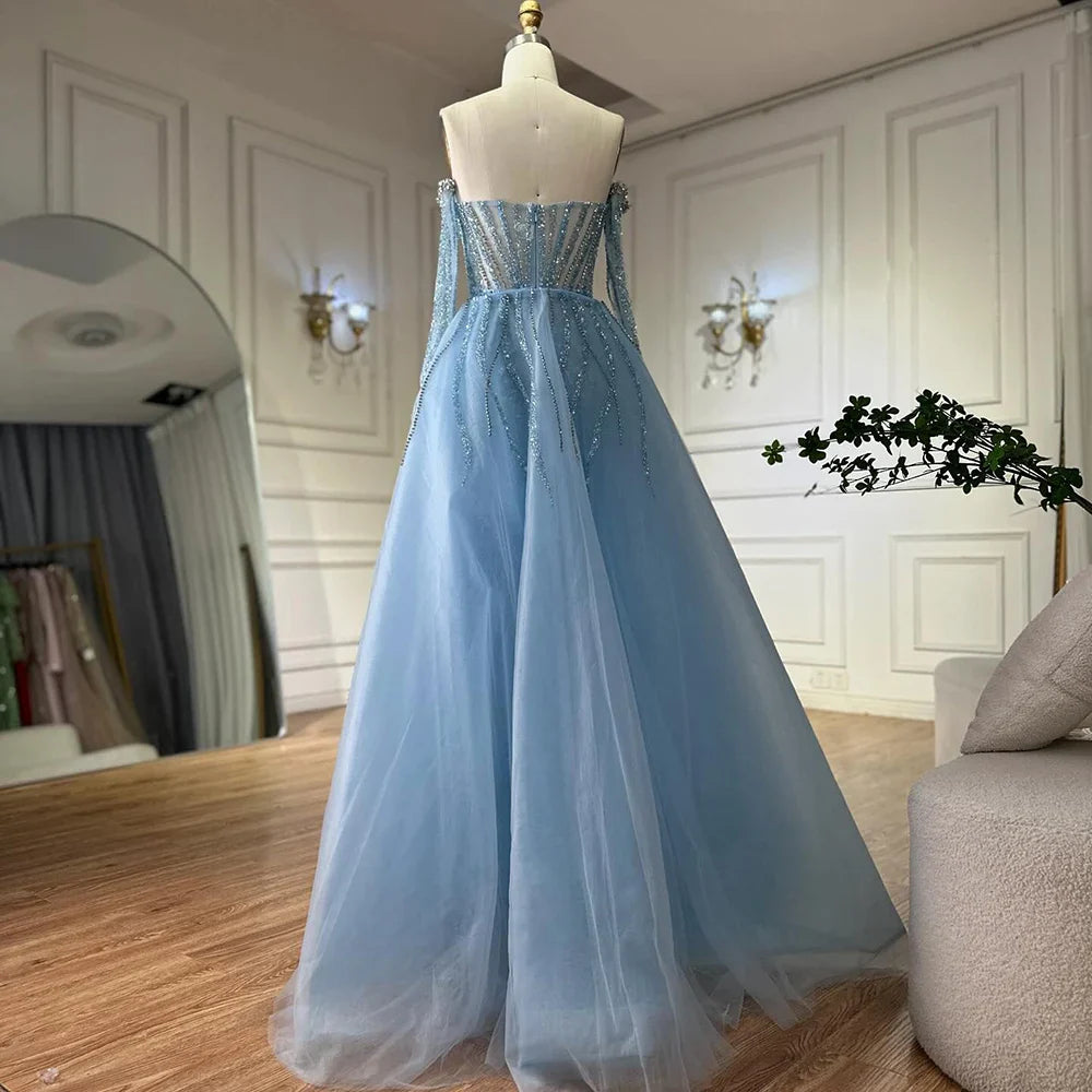 Luxury Blue Mermaid Evening Dress with Gloves and Overskirt LA72582