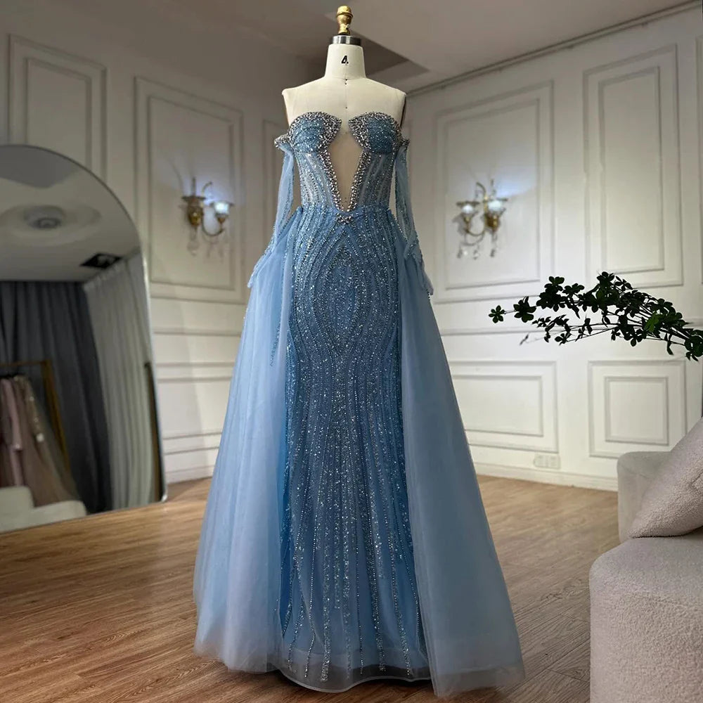Luxury Blue Mermaid Evening Dress with Gloves and Overskirt LA72582