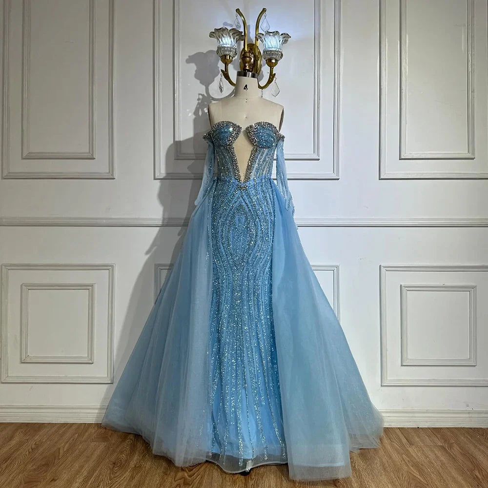 Luxury Blue Mermaid Evening Dress with Gloves and Overskirt LA72582