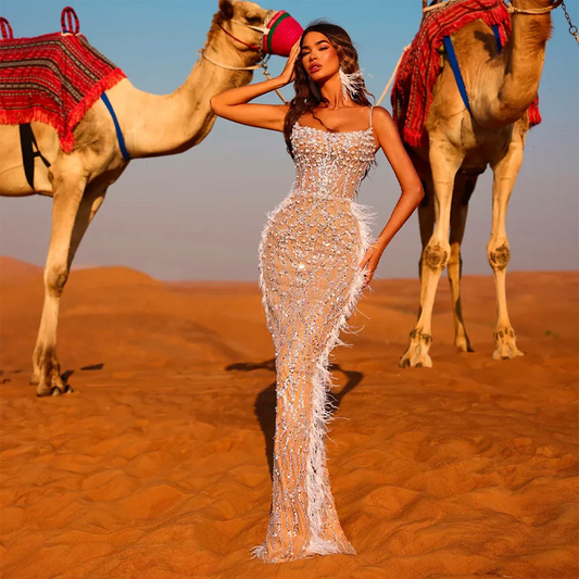 Luxury White Nude Spaghetti Strap Feathers Beaded Mermaid Dress LA72823