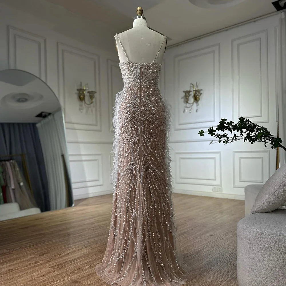 Luxury White Nude Spaghetti Strap Feathers Beaded Mermaid Dress LA72823
