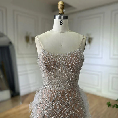 Luxury White Nude Spaghetti Strap Feathers Beaded Mermaid Dress LA72823
