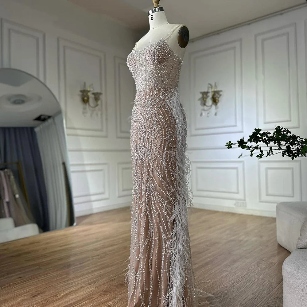 Luxury White Nude Spaghetti Strap Feathers Beaded Mermaid Dress LA72823
