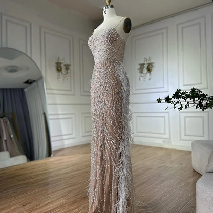 Luxury White Nude Spaghetti Strap Feathers Beaded Mermaid Dress LA72823