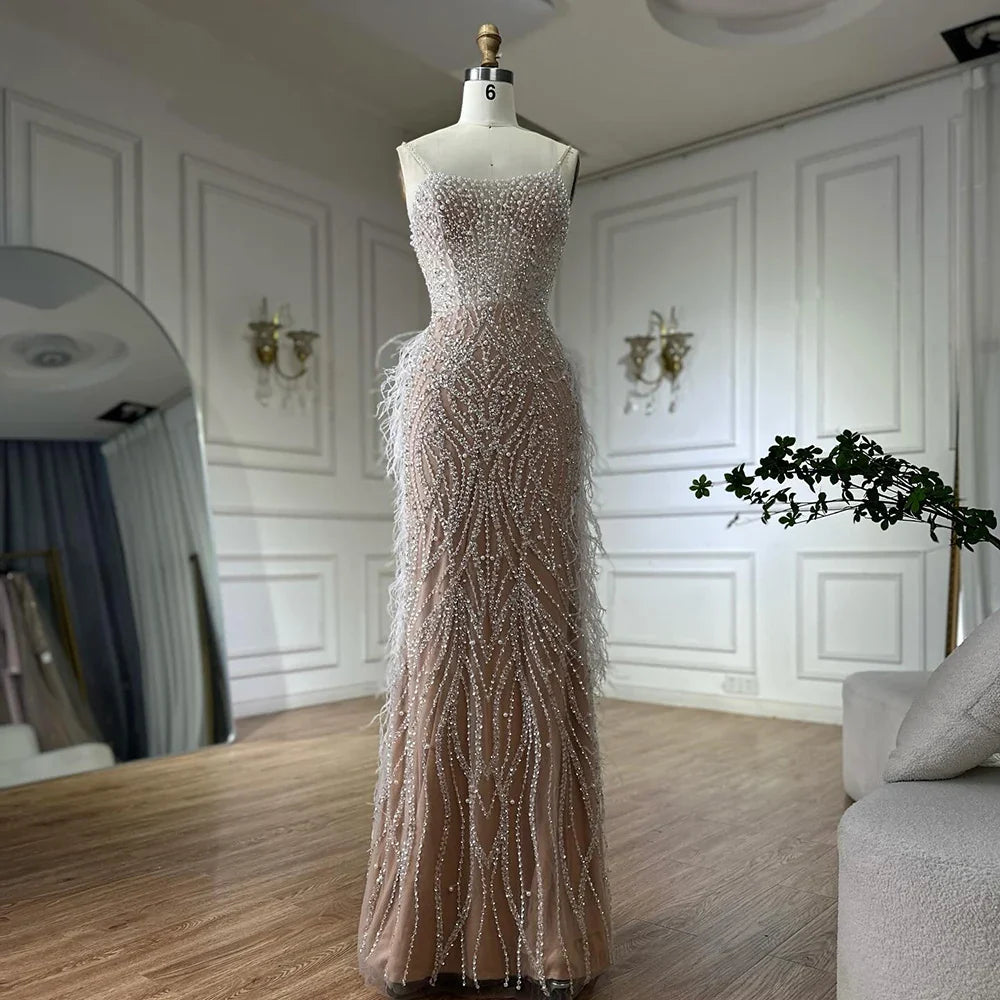 Luxury White Nude Spaghetti Strap Feathers Beaded Mermaid Dress LA72823