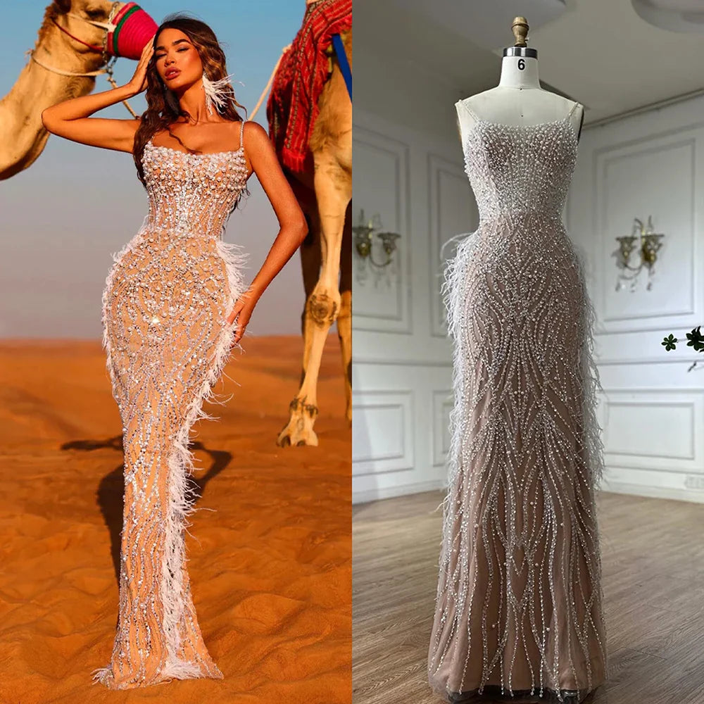 Luxury White Nude Spaghetti Strap Feathers Beaded Mermaid Dress LA72823
