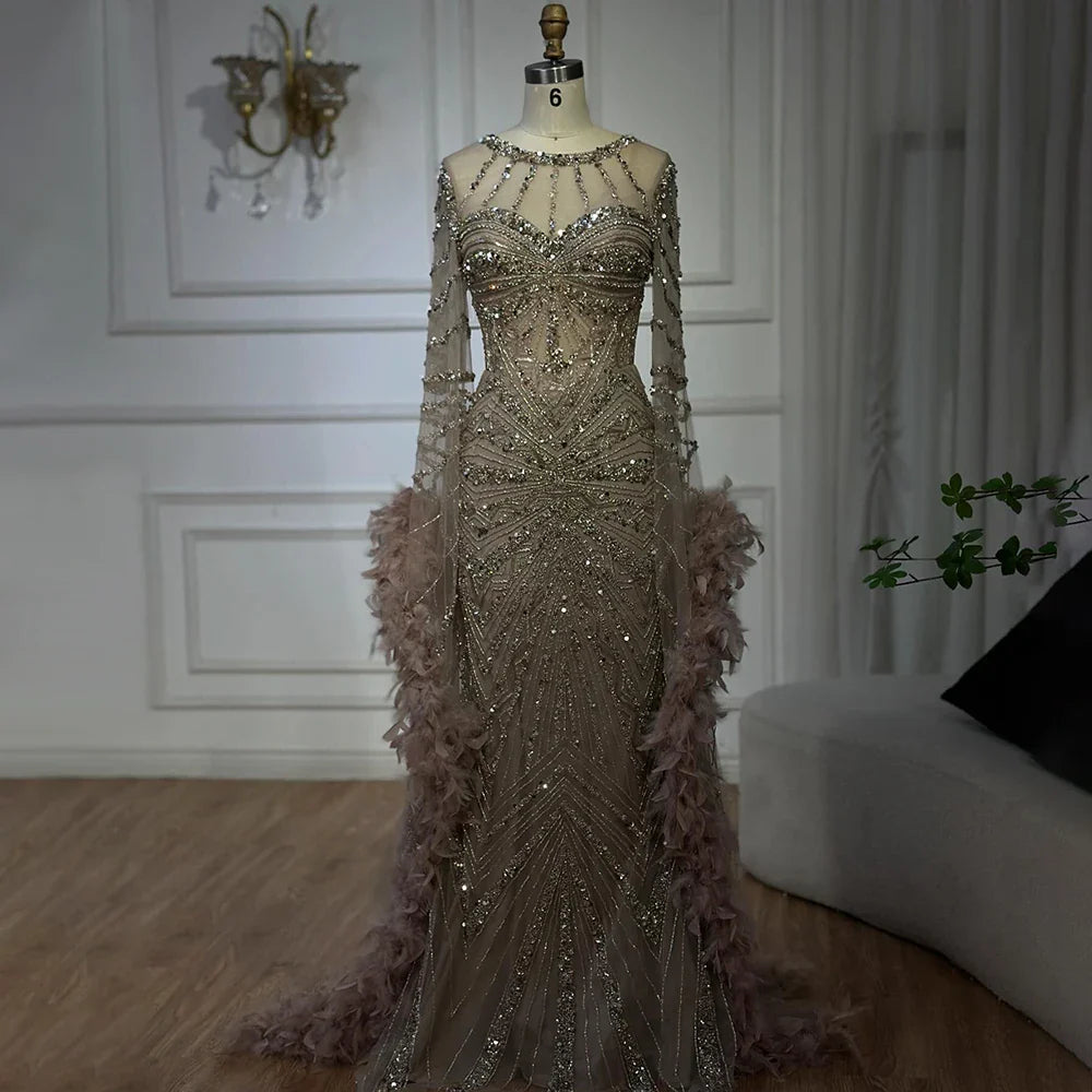 Luxury Caramel Crew Neck Beaded Mermaid Evening Dress  LA72708A