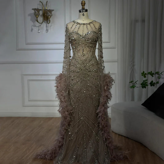 Luxury Caramel Crew Neck Beaded Mermaid Evening Dress  LA72708A