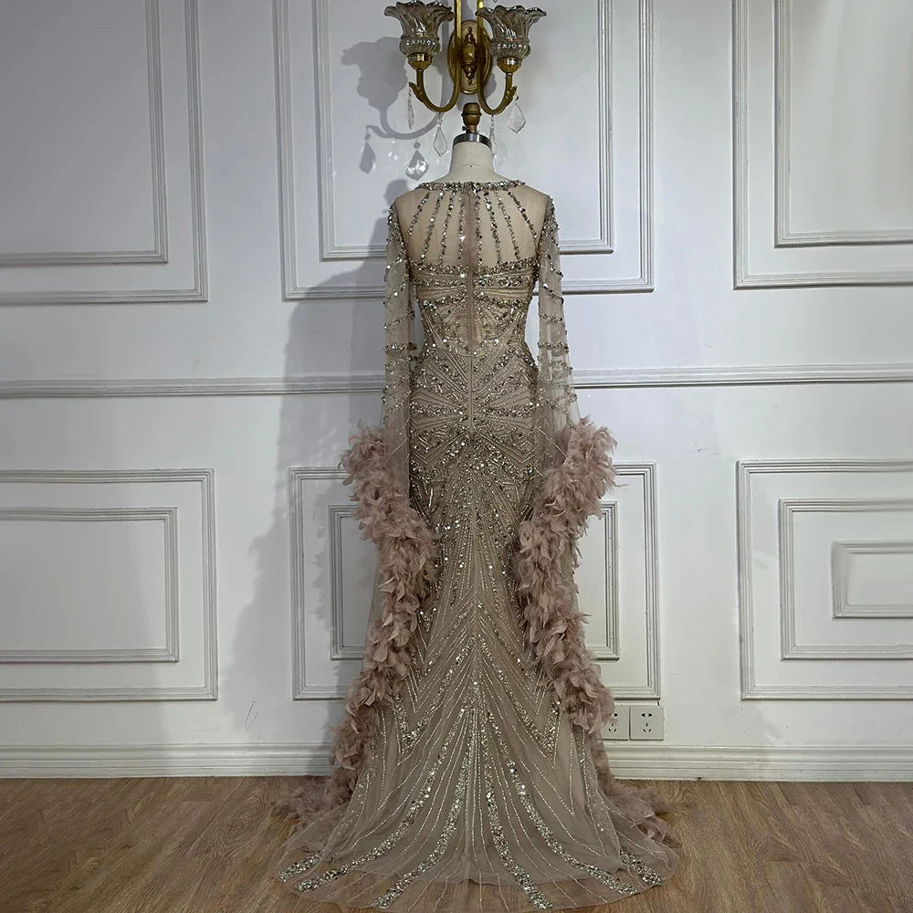 Luxury Caramel Crew Neck Beaded Mermaid Evening Dress  LA72708A
