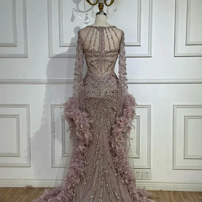 Luxury Caramel Crew Neck Beaded Mermaid Evening Dress  LA72708A