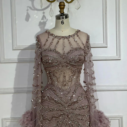 Luxury Caramel Crew Neck Beaded Mermaid Evening Dress  LA72708A