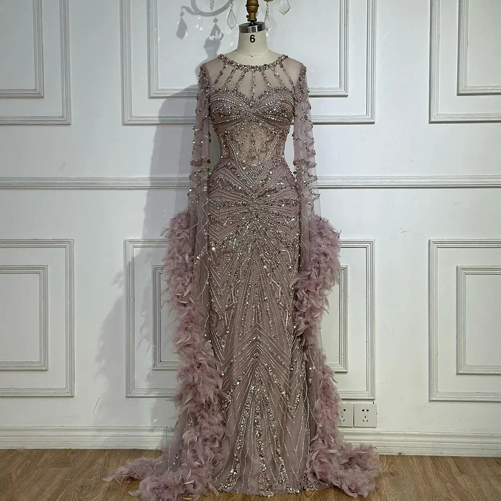 Luxury Caramel Crew Neck Beaded Mermaid Evening Dress  LA72708A