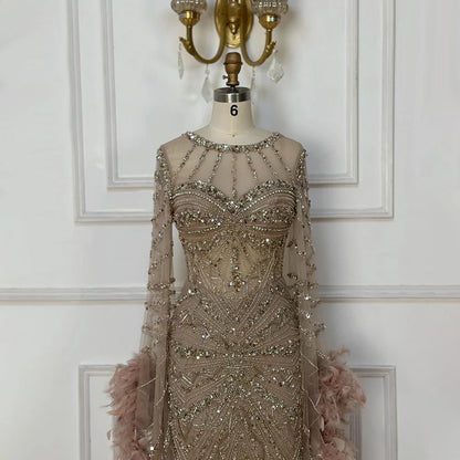Luxury Caramel Crew Neck Beaded Mermaid Evening Dress  LA72708A
