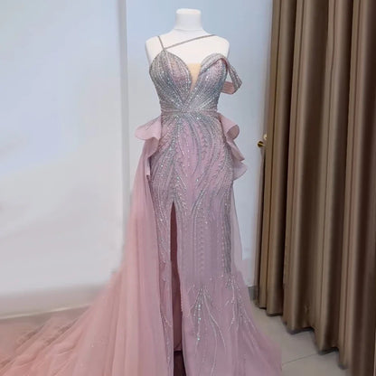 Luxury nude Beaded Mermaid Evening Gown with Overskirt Split LA72890