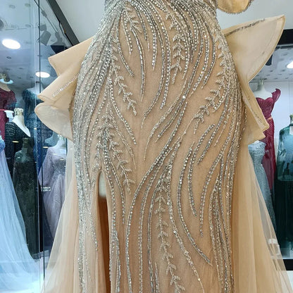 Luxury nude Beaded Mermaid Evening Gown with Overskirt Split LA72890