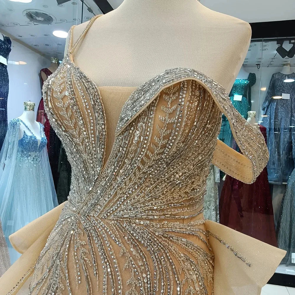 Luxury Caramel Beaded Mermaid Evening Gown with Overskirt Split LA72890