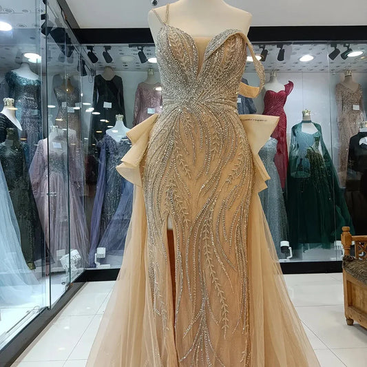 Luxury Caramel Beaded Mermaid Evening Gown with Overskirt Split LA72890