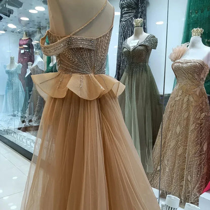 Luxury nude Beaded Mermaid Evening Gown with Overskirt Split LA72890