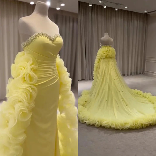 Yellow Ruffled Evening Gown with Beaded Details LA72889