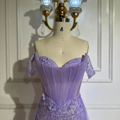 Lilac Off Shoulder   Beaded High Slit Tulle Gown LA72874