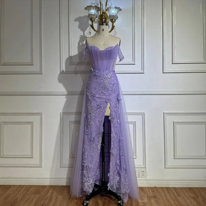 Lilac Off Shoulder   Beaded High Slit Tulle Gown LA72874