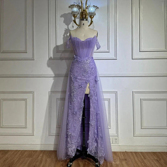 Lilac Off Shoulder Corset Beaded High Slit Tulle Gown LA72874