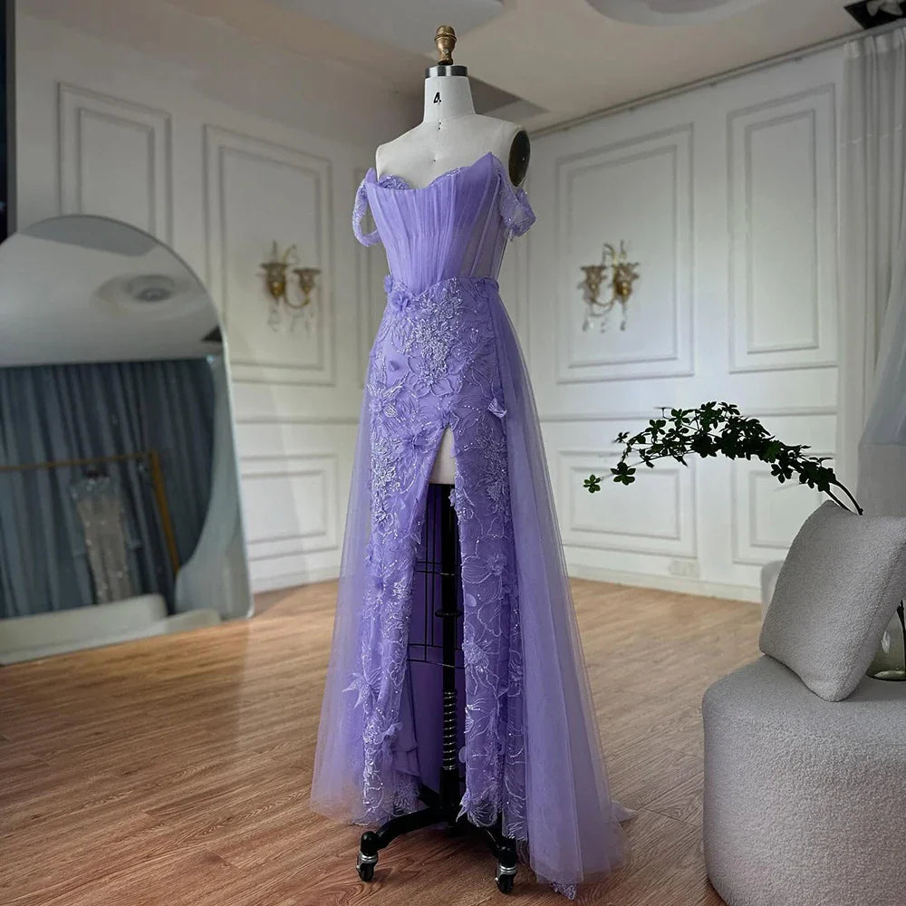 Lilac Off Shoulder Corset Beaded High Slit Tulle Gown LA72874