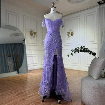 Lilac Off Shoulder   Beaded High Slit Tulle Gown LA72874