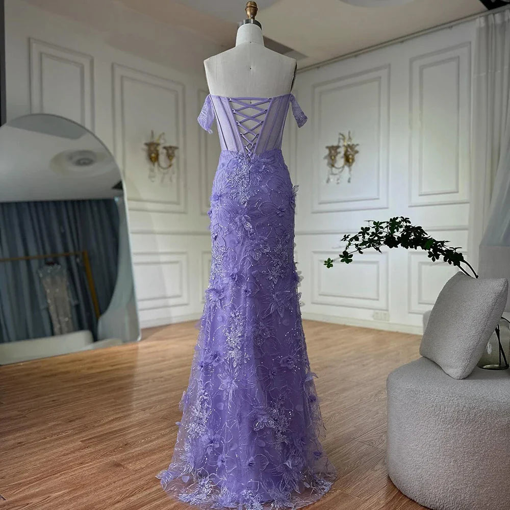 Lilac Off Shoulder Corset Beaded High Slit Tulle Gown LA72874