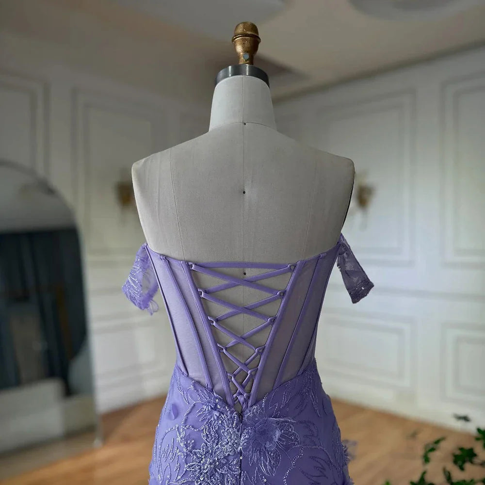 Lilac Off Shoulder Corset Beaded High Slit Tulle Gown LA72874