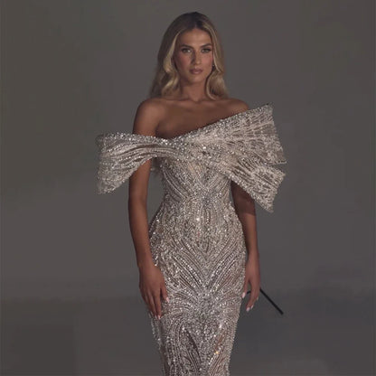 Luxury Silver Nude Off Shoulder Mermaid Evening Dress LA72878