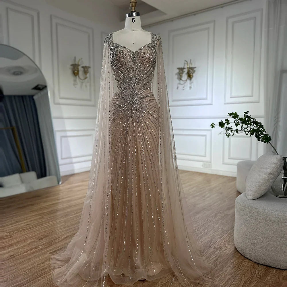 Luxury Dubai   Nude Cape Sleeves Beaded Saudi Arabic Evening Dresses Gowns for Formal Occasion LA72575A
