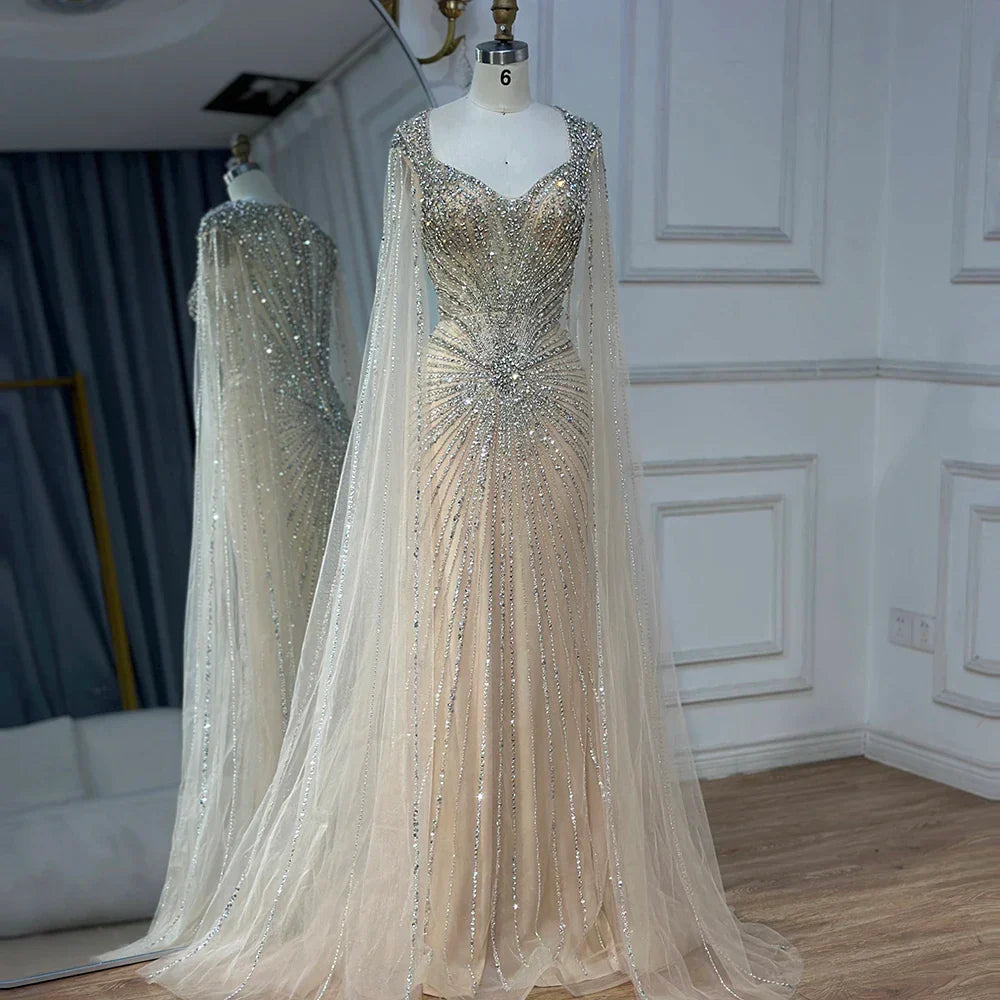 Luxury Dubai   Nude Cape Sleeves Beaded Saudi Arabic Evening Dresses Gowns for Formal Occasion LA72575A